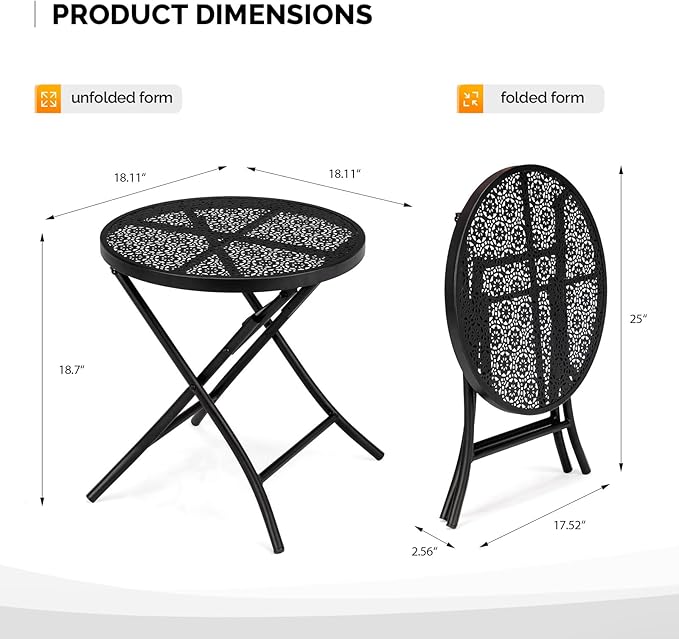 Patio Folding Side Table, Round Outdoor End Table,18 inch Folding Patio Side Table, Metal Steel Outdoor Round Coffee Table with Flower Cutouts for Patio Yard Balcony Garden, Black