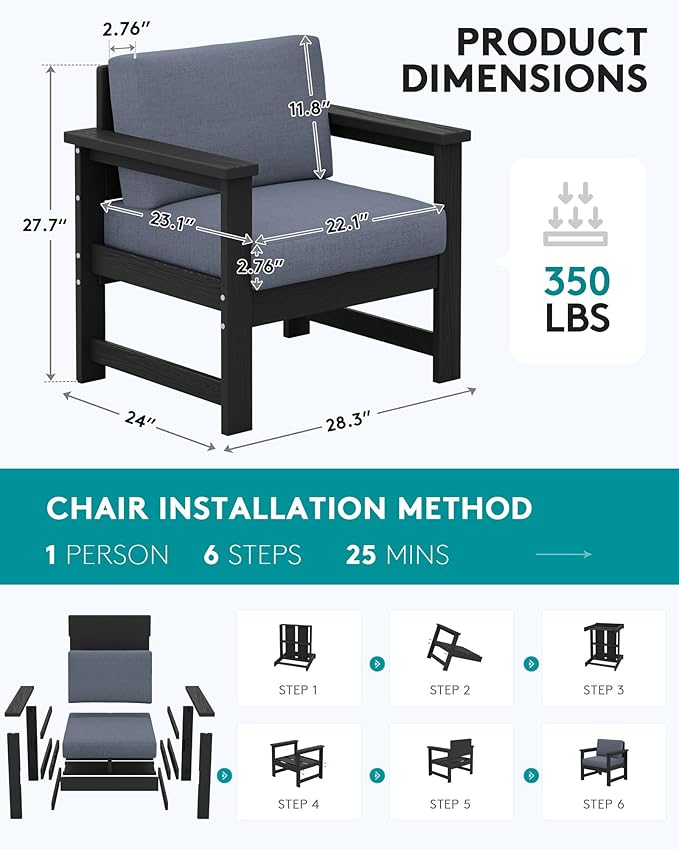 SERWALL 2 Pieces Single Cushioned Lounge Chair, Black HDPE Outdoor Adirondack Sofa Armchair with Grey Cushion - Photo 2