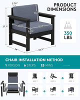 SERWALL 2 Pieces Single Cushioned Lounge Chair, Black HDPE Outdoor Adirondack Sofa Armchair with Grey Cushion - Photo 2