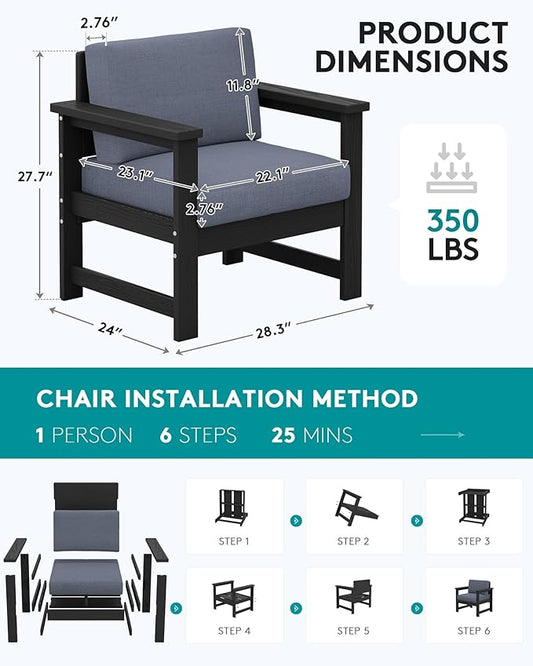 SERWALL 2 Pieces Single Cushioned Lounge Chair, Black HDPE Outdoor Adirondack Sofa Armchair with Grey Cushion