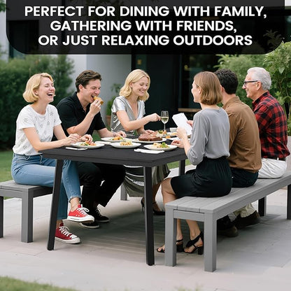 Crestlive Products Patio Dining Table for 6, 70 Inch Rectangular Outdoor Table with Wood-Like Tabletop Metal Frame Deck Table with 1.6" Umbrella Hole for Backyard, Balcony, Garden (Black)