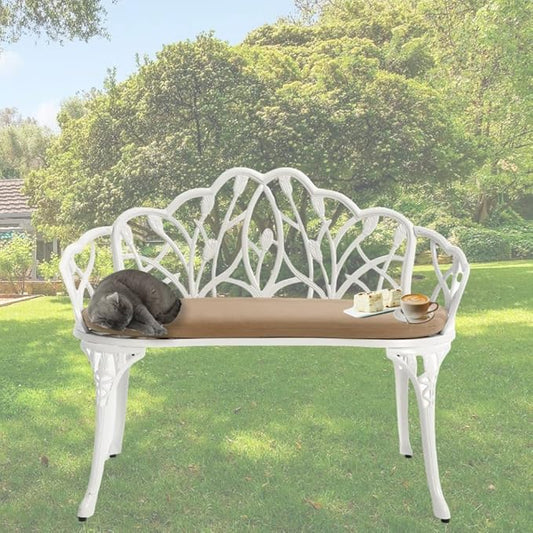 Patio Aluminum Outdoor Bench, Garden Metal Loveseat Furniture with Soft Cushion, Leaf Carving Antique White Front Porch Chair Seat