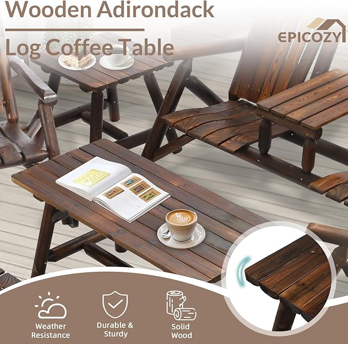 6-Piece Outdoor Wood Log Rocking Conversation Set, Patio Adirondack Furniture Set Including 2-Seater Loveseat, 2 Coffee Table, 2 Log Rocker Chair, Garden Bench & Built-in Table, Carbonized