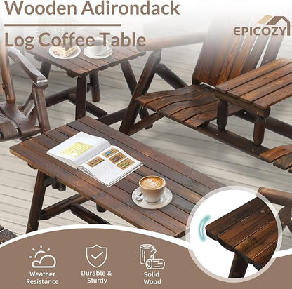 6-Piece Outdoor Wood Log Rocking Conversation Set, Patio Adirondack Furniture Set Including 2-Seater Loveseat, 2 Coffee Table, 2 Log Rocker Chair, Garden Bench & Built-in Table, Carbonized