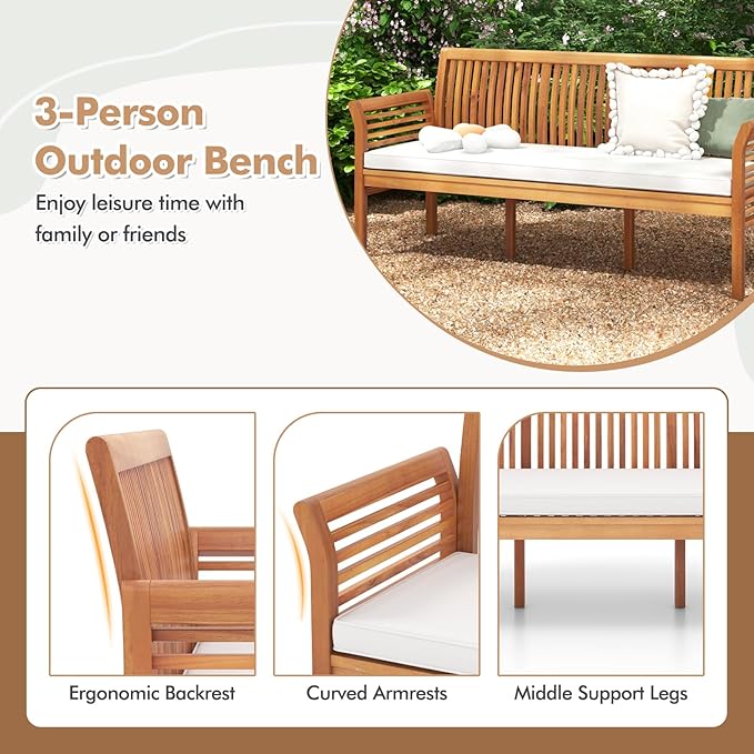 Tangkula 3-Seat Patio Acacia Wood Bench with Cushion, 62.5” Extra Long Outdoor Chair with Dense Slatted Backrest & Armrests, 1200 lbs Weight Capacity, Outside Bench for Yard, Balcony, Porch & Garden