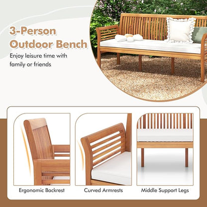 Tangkula 3-Seat Patio Acacia Wood Bench with Cushion, 62.5” Extra Long Outdoor Chair with Dense Slatted Backrest & Armrests, 1200 lbs Weight Capacity, Outside Bench for Yard, Balcony, Porch & Garden