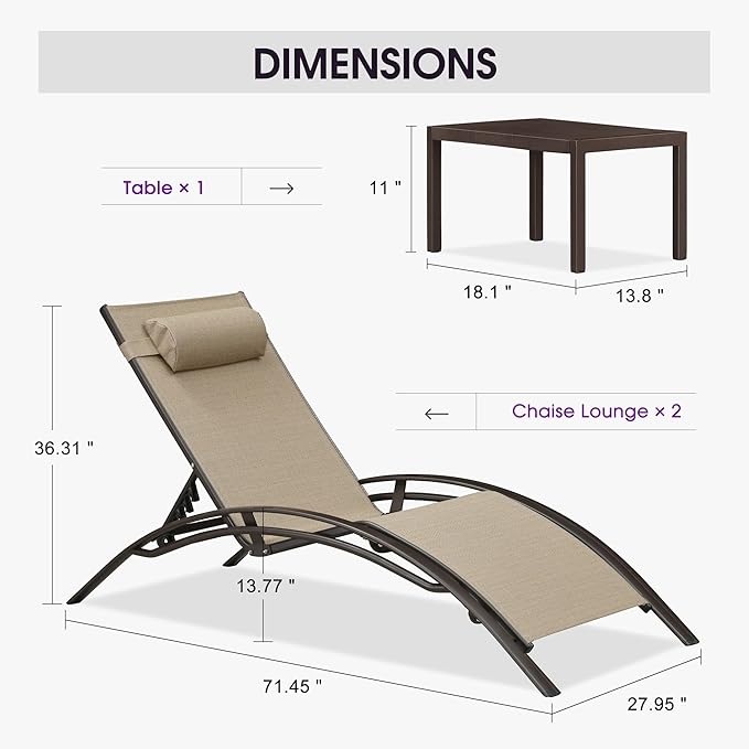 PURPLE LEAF Outdoor Oversized Chaise Lounge Chair Set of 3 Patio Pool Lounger Bronze Aluminum Chairs with Side Table Adjustable Tanning Recliner for Outside Backyard Yard Deck Beach Pebble Gray