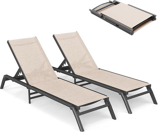 Outdoor Chaise Lounge Chairs Set of 2, No Assembly Required, 5-Position Adjustable Backrest, Foldable Lightweight Patio Lounge for Poolside, Deck, Lawn & Beach, Khaki
