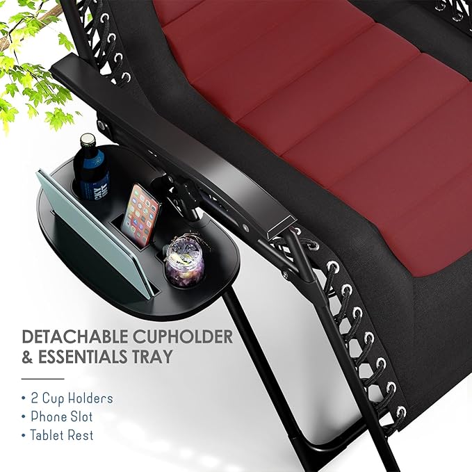 Nestl Outdoor Padded Zero Gravity Chair Set of 2, Patio Lounge Chair Outdoor Recliner, Oversized Anti Gravity Lounger with Adjustable Headrest and Cup Holder, Foldable for Camping - Black/Burgundy