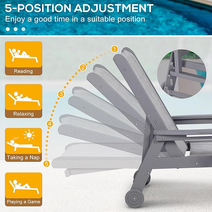 Outdoor Chaise Lounge Chair with Table, 5-Position Adjustable Patio Lounge Chair with Wheels & Cup Holder, HDPE Pool Lounge Chair for Outside, Poolside & Beach (Grey)