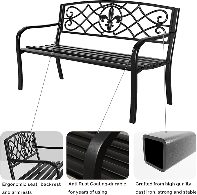 YLGJ&TIDY 50 Inches Garden Benches for Outdoor Patio Bench with Floral Pattern Backrest Armrest Weatherproof Park Benches Metal Bench for Garden Park Porch Lawn Yard (BENCH01)