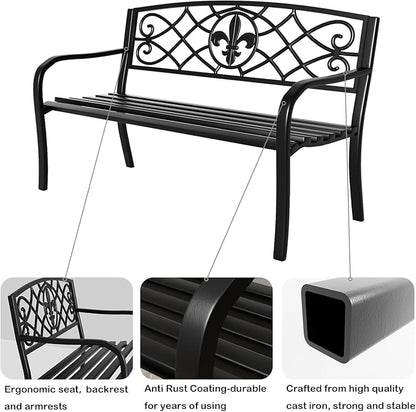 YLGJ&TIDY 50 Inches Garden Benches for Outdoor Patio Bench with Floral Pattern Backrest Armrest Weatherproof Park Benches Metal Bench for Garden Park Porch Lawn Yard (BENCH01)