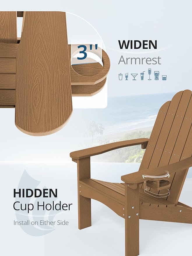 LUE BONA Wood-Grain HDPE Adirondack Chairs Set of 4 - Weather Resistant Seating with Cup Holder for Patio, Fire Pit - Photo 3