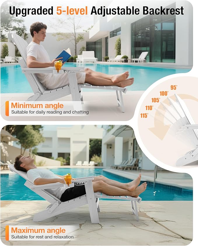 YEFU Folding Adirondack Chair with Footrest,Adjustable Adirondack Chair with Retractable Ottoman & 2 Cup Holder, 5-Level Adjustable Adirondacks Chairs, for Outdoor, Pool, Patio, Fire Pit (White)