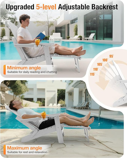 YEFU Adirondack Chair with Retractable Ottoman: Folding Adirondack Chairs Set of 2-5-Level Adjustable Backrest with Footrest - Fire Pit Chairs - 2 Cup Holder - Outdoor Plastic Chair for Patio(White)