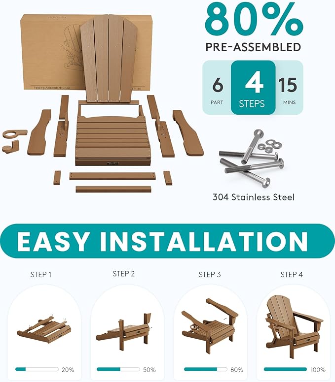 SERWALL Folding Adirondack Chair Set of 4 Outdoor Chairs with Cup Holder Painted Adirondack Chair Weather Resistant for Patio Deck Garden, Backyard Deck, Fire Pit- Brown