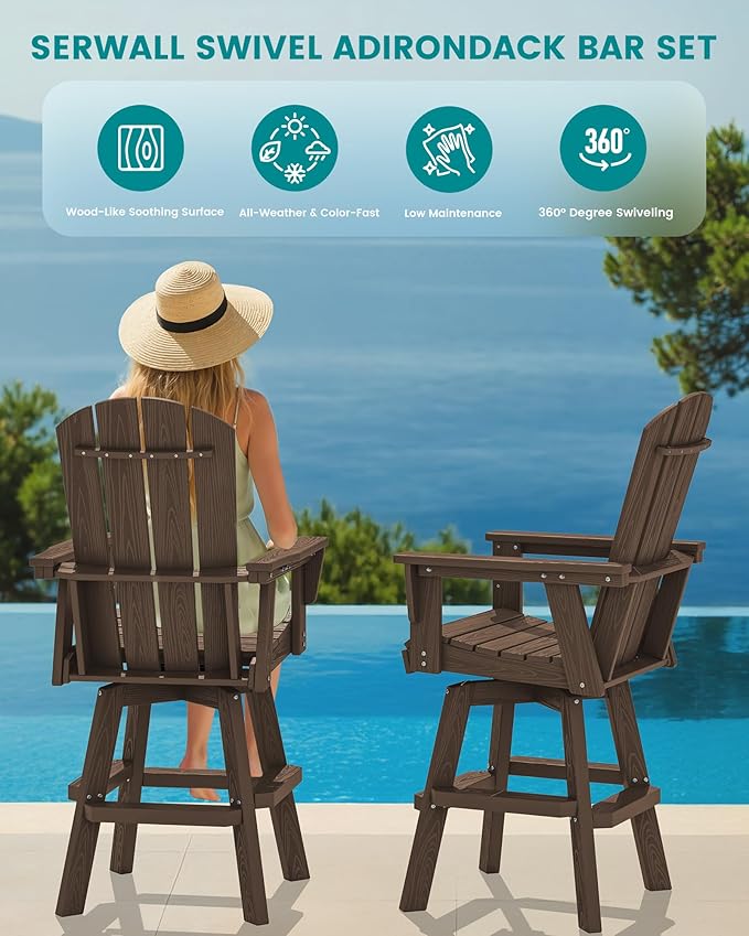 SERWALL Swivel Adirondack Barstools Set of 2, HDPE Outdoor Swivel Bar Chairs Set of 2 for Patio, Poolside, Garden - Photo 6