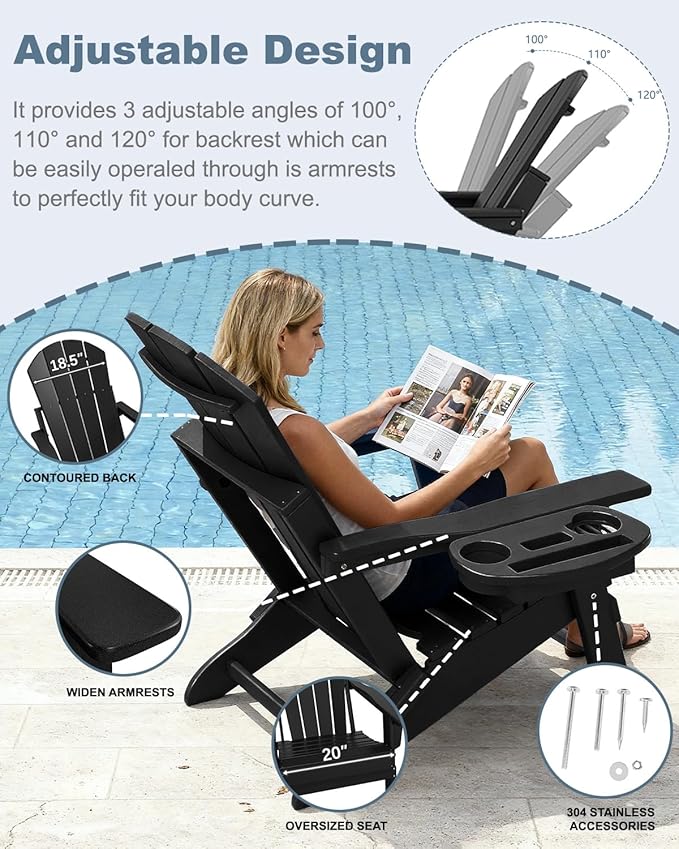 Adjustable Adirondack Chair Set of 6 with Cup Holder, All Weather HDPE Fire Pit Chairs for Deck, Backyard, Patio, Black - Photo 4
