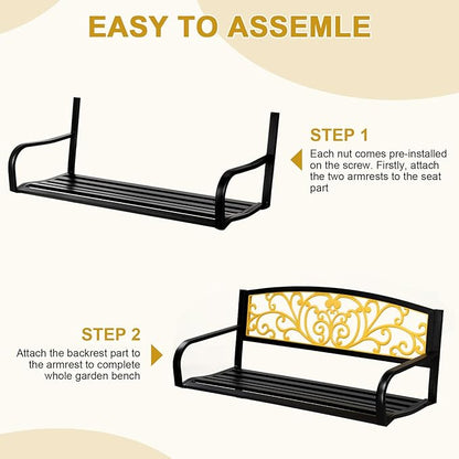 50" Outdoor Garden Bench Metal Patio Park Bench Elegant Porch Deck Loveseat with PVC Carved Pattern Backrest,Black Yellow