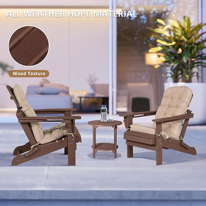 Adirondack Chair with Cushion & Cup Holder, HDPE Folding Adirondack Chair with Wood-Like Grain Outdoor Fire Pit Chairs for Patio/Porch/Swimming Pool/Camping (Brown)