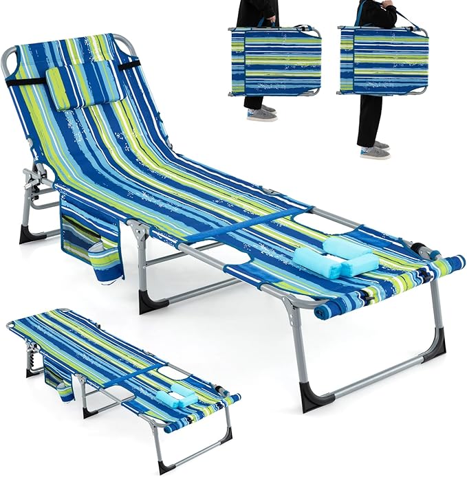 Giantex Tanning Chair, 330Lbs Patio Lounge Chair with 5 Adjustable Position, Face & Arm Hole, Hand/Shoulder Strap, Removable Pillow, Side Pocket, Chaise Lounger for Beach Sunbathing Outdoor, Stripe
