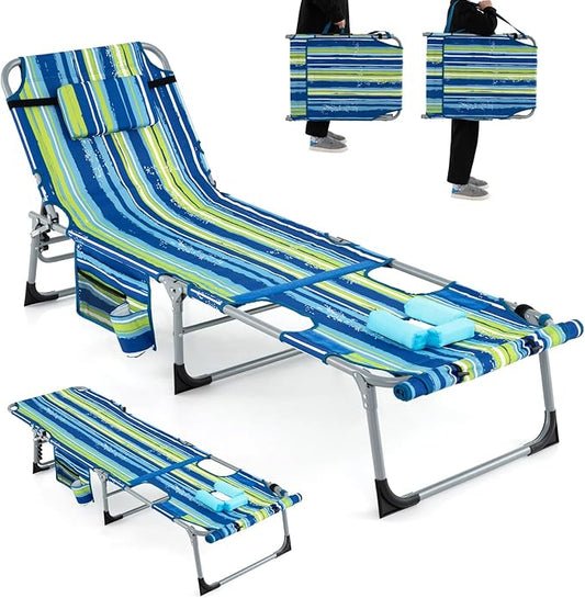 Giantex Tanning Chair, 330Lbs Patio Lounge Chair with 5 Adjustable Position, Face & Arm Hole, Hand/Shoulder Strap, Removable Pillow, Side Pocket, Chaise Lounger for Beach Sunbathing Outdoor, Stripe