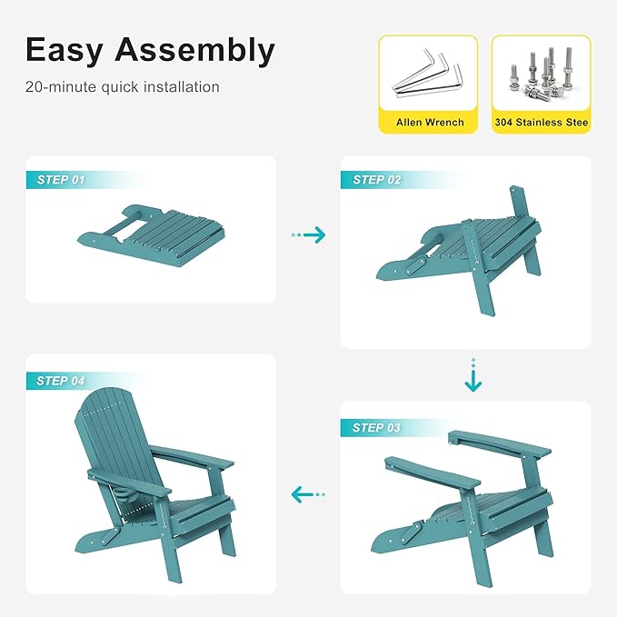 HDPE Foldable Adirondack Outdoor Chair Set of 4 with Cup Holder, Weather Resistant Heavy-Duty Patio Chair for Patio, Backyard, Deck, Fire Pit, Lawn and Porch, Lake Blue