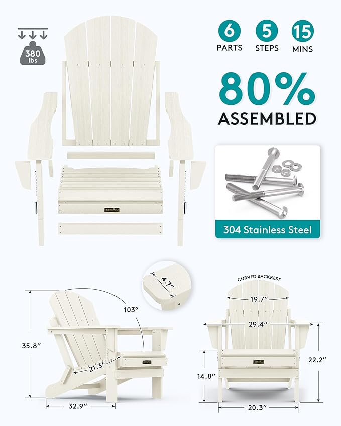 SERWALL Folding Adirondack Chair Set of 6 - Folding Adirondack Chairs with Cup Holder - Photo 2
