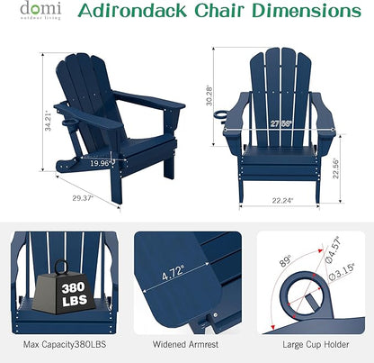 Domi Folding Adirondack Chair Set of 4, HDPE All-Weather Adirondack Chairs with Cup Holder, Outdoor Plastic Fire Pit Chairs Wood Texture for Poolside, Patio, Backyard, Deck (Blue)