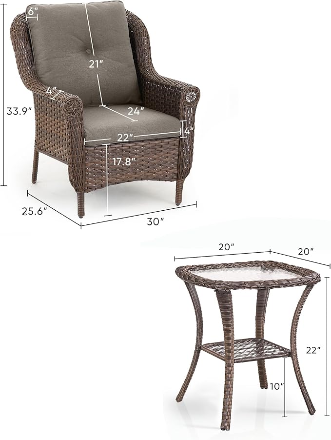 3 Piece Patio Brown Wicker Chairs with Side Table - Outdoor High Back Heavy Duty All-Weather Lawn Dining Rattan Chair - Photo 3