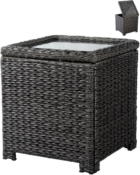 Classic Outdoor Storage Side Table, Weather-Resistant HDPE Rattan Wicker Patio Coffee Table w/Tempered Glass Flip Top for Porch Pool, Dark Brown