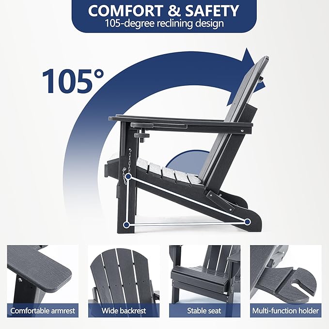 4 Chairs & 2 Tables Folding Adirondack Chair Set with Side Table – HDPE Weatherproof Outdoor Patio Chairs with - Photo 7