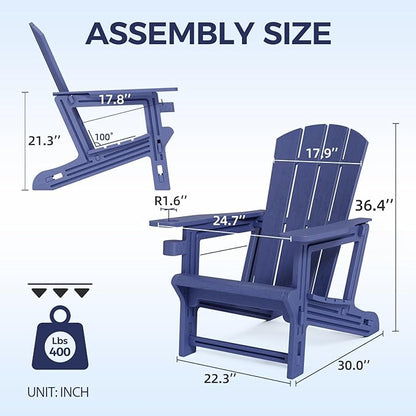Adirondack Chair，Plastic Outdoor Chairs Without Screws Install，Patio Adirondack with Cup Holder，400 LBS Capacity Recliner Chair Garden Chair for Backyard Lawn Beach Navy Blue