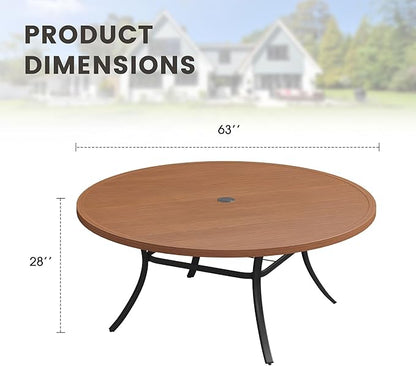 Outdoor Dining Table for 8, 63" Round Outdoor Table with Adjustable Umbrella Hole, All-Weather Metal Patio Dining Table for Lawn Garden Backyard Deck, Walnut