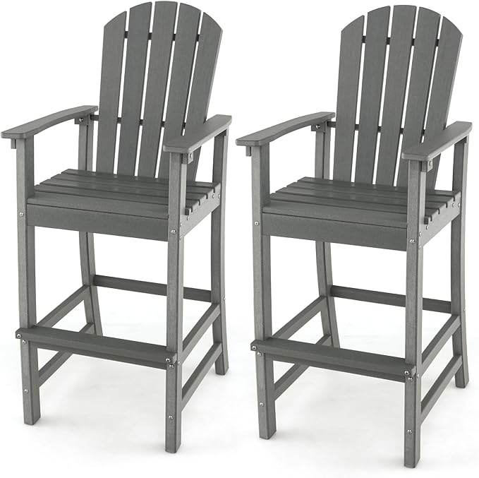 ORALNER Tall Adirondack Chairs, Set of 2 Outdoor High Back Balcony Chair, Weather Resistant HDPE Resin Plastic Bar Height Stools, 360 LBS Lifeguard Chair for Pool Patio Deck Backyard (2, Grey)