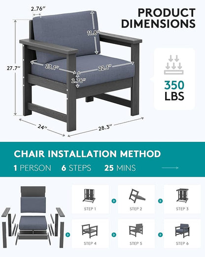 SERWALL 2 Pieces Single Cushioned Sofa Armchair, Grey HDPE Adirondack Outdoor Sofa Lounge with Grey Cushion