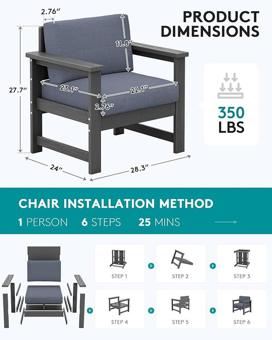 SERWALL 2 Pieces Single Cushioned Sofa Armchair, Grey HDPE Adirondack Outdoor Sofa Lounge with Grey Cushion