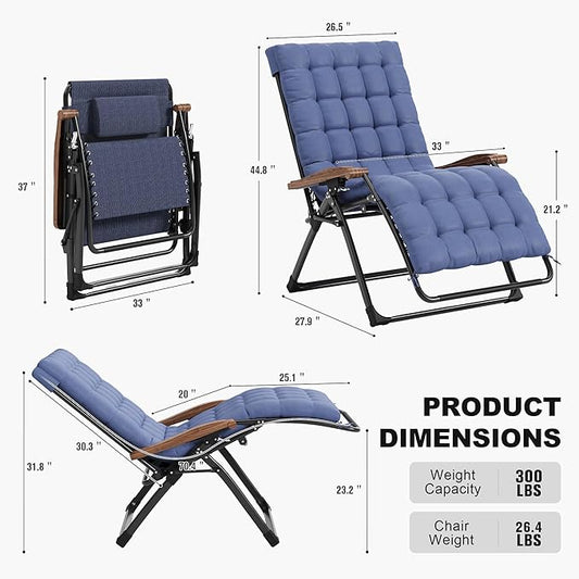 PURPLE LEAF Extra Wide Outdoor Reclining Chair Set of 2 Patio Zero Gravity Chaise Lounge Folding Chair with Removable Cushion Adjustable Headrest for Lawn Camping Beach Pool Navy Blue