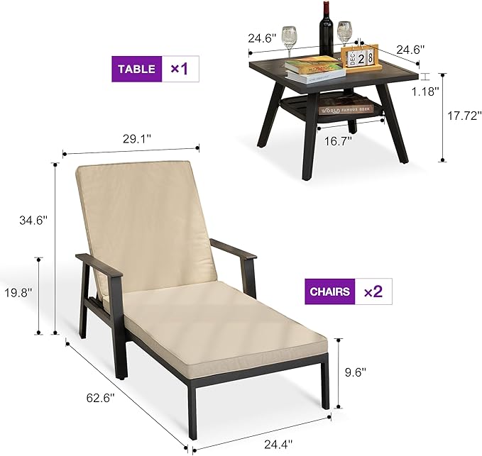 PURPLE LEAF Pool Lounge Chairs with Thick Cushions and Side Table Metal Outdoor Chaise Lounge with Adjustable Backrest Patio Lounger Set of 3 for Outside Beach Poolside Deck Backyard, Beige