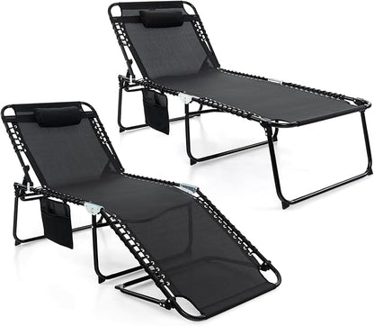 GYMAX Lounge Chair for Outside, 440lbs 27” Oversize Folding Beach Tanning Sunbath Chair with Adjustable Backrest & Removable Pillow, Lightweight Portable Patio Lounger for Lawn Poolside (2, Black)