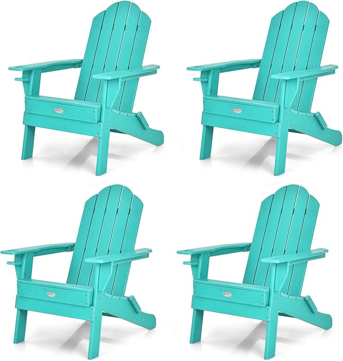 Tangkula Outdoor Folding Adirondack Chair, HDPE Armchairs with Cup Holder, Weather Resistant Lounger Chair for Patio Garden Fire Pit Backyard, Lawn Porch Seating, Adirondack Lounger (4, Turquoise)