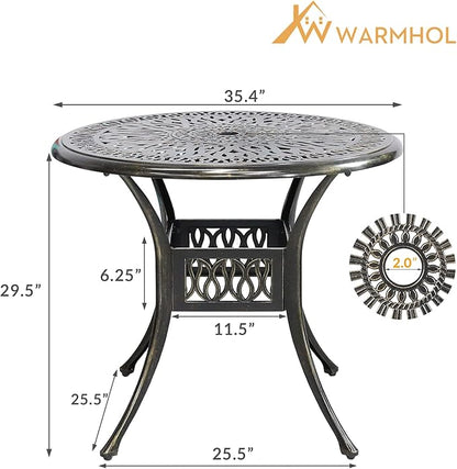 Outdoor Cast Aluminum Patio Table, 35.4” Round Bistro Table with 2” Umbrella Hole for Patio Furniture Garden Deck Backyard