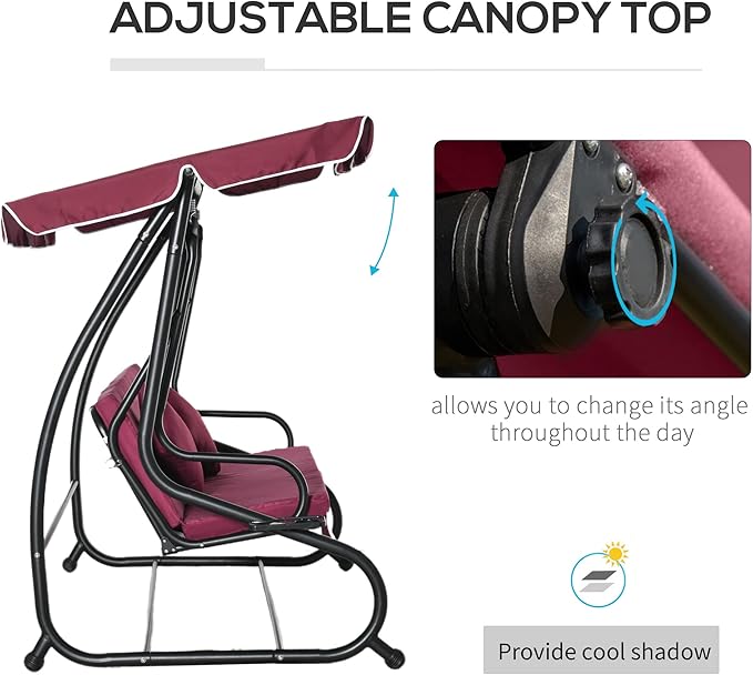 Outsunny 3-Seat Outdoor Patio Swing Chair, Converting Flatbed, Outdoor Swing Glider with Adjustable Canopy, Removable Cushion and Pillows, for Porch, Garden, Poolside, Backyard, Red