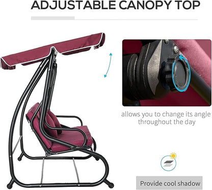 Outsunny 3-Seat Outdoor Patio Swing Chair, Converting Flatbed, Outdoor Swing Glider with Adjustable Canopy, Removable Cushion and Pillows, for Porch, Garden, Poolside, Backyard, Red