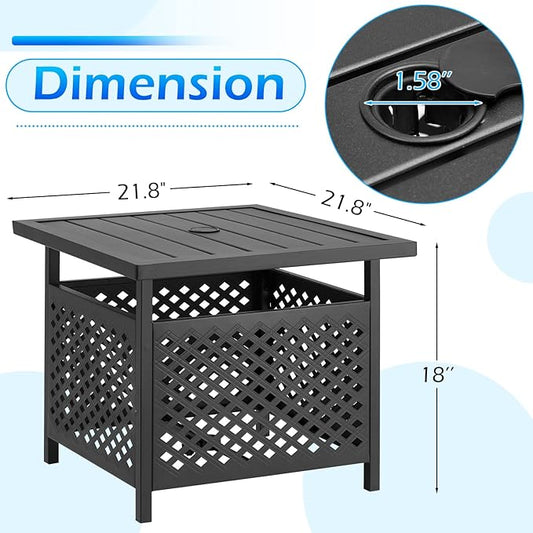AECOJOY Black Metal Patio Table with Umbrella Hole, Outdoor Side End Table with Umbrella Hole, Small Outdoor Side End Coffe Table for Patio Deals, Pool Deck Umbrella Base Stand