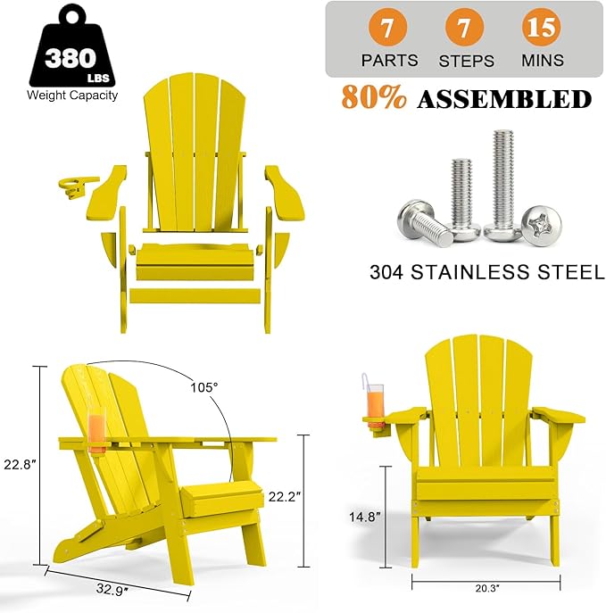 Folding Adirondack Chair with Cup Holders Set of 2, HDPE Plastic Outdoor Chairs, Weather Resistant - Photo 3