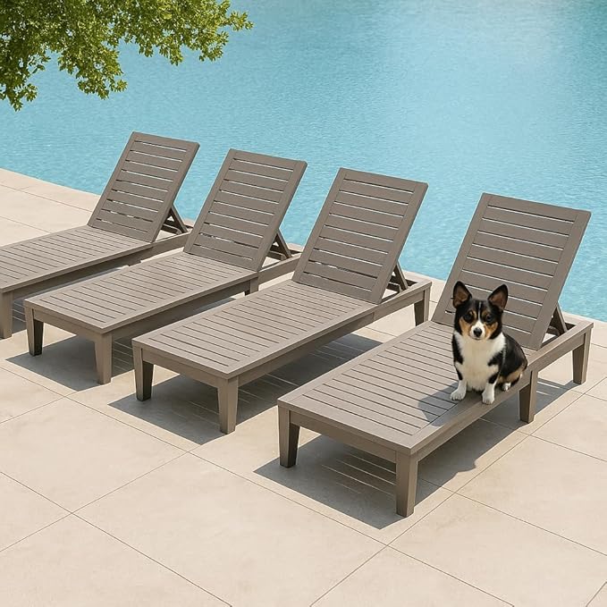 Outdoor Chaise Lounge Chairs Set of 4, 5-Position Adjustable Tanning Lounge Chairs with Wood Texture, All-Weather Resin Patio Lounge Chair for Pool, Garden, Deck, Beach, Striped Grey