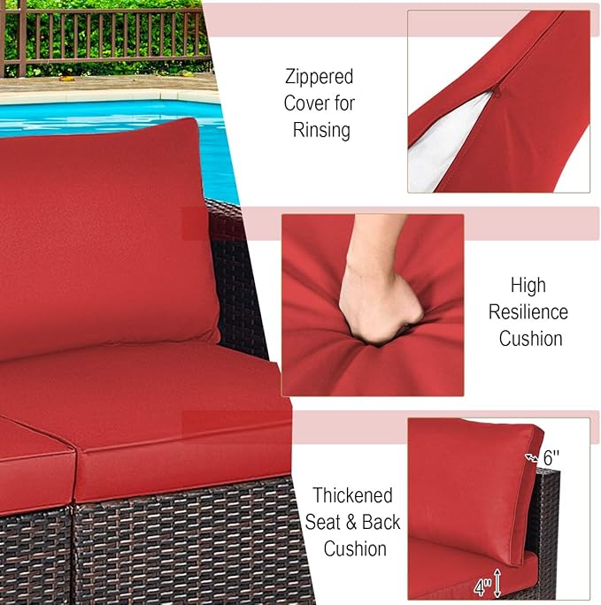 Tangkula 2 Seat Outdoor Wicker Loveseat Sofa Set, Modular PE Rattan 2 Pieces Outdoor Wicker Corner Sofa, Outside Furniture Set for Deck, Backyard, Porch, Garden & Poolside, Red