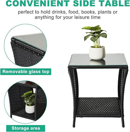 Outdoor Rattan Side Table, Square Coffee Table with Tempered Glass Top and Storage, Black
