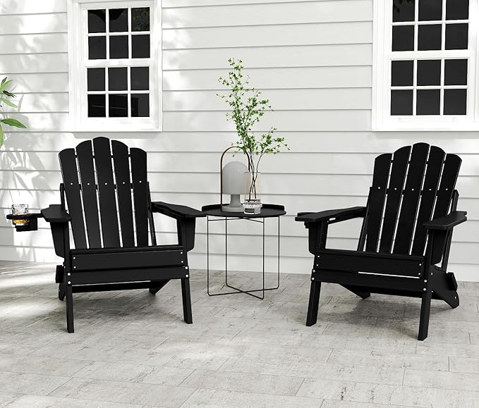 FOOWIN Adirondack Chair, Folding HDPE Patio Chair with Cup Holder, 400LBS Heavy Duty Plastic Outdoor Chair for Fire Pit, Porch, Balcony, Deck, Weather Resistant, Black